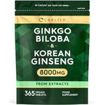 Ginkgo Biloba and Korean Ginseng Tablets 8000mg | 365 Vegan Tablets | Ginkgo 6000mg & Panax Ginseng Root 2000mg | High Strength Extract | by Carlyle