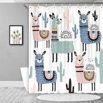 JAWO Cute Llama Decor Kids Shower Curtain, Colorful Cartoon Animal and Alpaca Cactus Tropical Botanical Pattern Bathroom Fabric Shower Curtains, 60" W x 70" L with Hooks Set