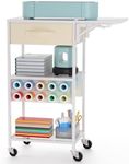 Craft Cart and Organizer Table Compatible with Craft Cutting Machine - Rolling Storage Organizer with Drawer & Vinyl Roll Holder, Crafting Table Workstation Holder for Craft Room Home Office (White)