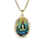 Bling Jewelry Large Oval Religious Medal Medallion Blessed Mother Virgin Mary Photo Pendant Necklace for Women Teen Yellow Gold Plated