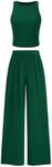 PRETTYGARDEN Womens Summer 2 Piece Sets Ribbed Knit Crew Neck Sleeveless Crop Tank Tops Wide Leg Pants Casual Lounge Set (Green,Large)