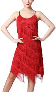 ODASDO Latin Dance Dress for Women Competition, Adult Sequins Tassel Fringe Flapper Dress 1920s Gatsby Cocktail Dress Salsa Tango Ballroom Stage Performance Costume Dancewear Red L