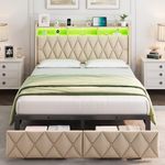 MEIJUJIA Queen Bed Frame with 2 Storage Drawers, Upholstered Bed Frame Queen Size with LED Lights Headboard and Charging Station, No Box Spring Needed, Easy Assembly -Beige