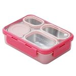 LWVAX Leakproof 4 Compartment Lunch Box with Spoon & Chopstick 304 Stainless Steel Bento Box Tiffin Box for Office, School, Picnic (Pink)