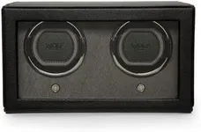 Wolf Cub Double Watch Winder with Glass Cover, Black - Secure Fit with Patented Lock-in Dynamic Cuff - Accommodates All Wrist Sizes - Vegan Leather - Includes Universal Adapter