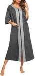 Ekouaer Zipper Cotton Robe Nightgown For Women Housecoats Short Sleeve Duster Dress With Pockets(Grey,S)