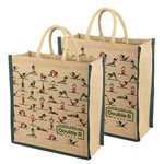 DOUBLE R BAGS Eco Reusable Yoga Print Jute Bags for Carry Milk Grocery Fruits Vegetable Shopping with Hard Grip Handle for Men and Women | Kitchen Medium Size Washable thela Jhola. (Pack of 2)