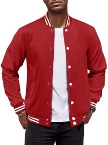 COOFANDY Mens Fashion Varsity Jackets Leather Sleeve Slim Fit College Baseball Letterman Bomber Coat, Red, Large
