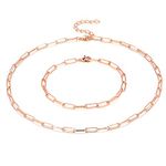 Rose Gold Dainty Paperclip Link Chain Choker Neckalce Bracelet Set for Women Girls 16"