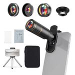 Andoer 4-in-1 Phone Lens Kit External Phone Camera Lens Set with 22X Telephoto Lens 205° Fisheye Lens 4K 0.67X Wide Angle Lens 25X Macro Lens Clip Phone Mini Tripod Replacement for iPhone 15/14/13/12