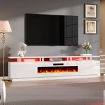 AMERLIFE 90" 2 Tier Fireplace TV Stand with 50" Fireplace, Modern Large Entertainment Center LED Lights, Media Console Table Storage Cabinet for TVs Up to 100", Living Room, White & White