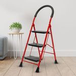 ZOLMIX Premium Steel Ladder, Stairs for Home, Foldable 3 Step Ladder, Sidi, Safety Clutch Lock, Anti Slip Steps, Knee Guard, Firm Grip, Anti Skid, Durable, Heavy Duty, Lader 5 Years Warranty - Red