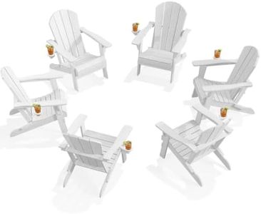 PLUUV Folding Adirondack Chair Set of 6, Hdpe All-Weather Patio Chairs with Cup Holder, Wooden Textured Fire Pit Chairs, Outdoor Chair for Poolside, Backyard, Deck（White）