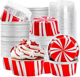 FYSUIMU 120Pcs Christmas Aluminum Foil Baking Cups with Lids Red White Cupcake Holders Xmas Candy Muffin Liners Wrappers Mini Cake Pans Ramekins Cups Dessert Containers for Holiday Party Supplies