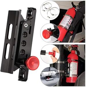 Adjustable Aluminum Fire Extinguisher Mount Holder with 4 Clamps Vehicle Fire Extinguisher Bracket for Wrangler TJ JK JL JKU UTV Polaris RZR Ranger (Black with Red Knob)