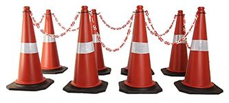 Kunplast Road Traffic Cone with Weighted Rubber Base, Pack of 8 cones 750mm with 8mtr chain + 8 hook (High Visibility Safety Cone with Reflective Strips Collar)