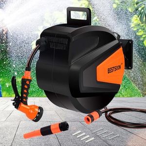 Bestsoon Retractable Garden Hose Reel, 10M+1M Water Hose Reel with Sprinkler & 9 Pattern Nozzle, Any Length Lock, Auto Rewind, 180° Swivel Bracket Wall Mounted, for Watering, Washing & Cleaning