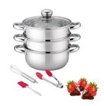 Double Boiler & Steam Pots for Chocolate and Fondue Melting Pot, Candle Making, Stainless Steel Steamer with Tempered Glass Lid for Clear View while Cooking, Dishwasher (3 Cooking Utensils Set)