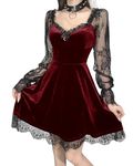 XKBHYD Womens Gothic Velvet Dress Vintage Witchy Dresses Long Sleeve Lolita Fairy Dress Lace Patchwork Punk Grunge Dress