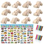 Allazone 12 PCS Wood DIY Car Unfinished Wooden Cars, Wooden Car Crafts with 5 PCS Sticker and 16 PCS Color Pen for Students Home Activities, Craft Projects, Easy Woodworking and Family Time Set