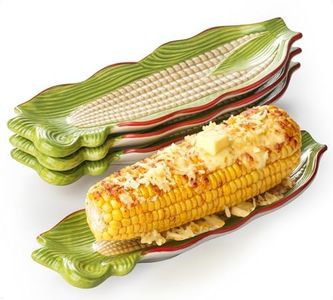 YHOJOY Ceramic Corn on the Cob Dishes, Corn Cob Holder Set of 4, 10" Embossed Corn Trays, Oven & Dishwasher Safe, Ideal for Summer BBQ Gatherings, Multicolor