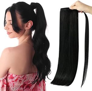 Full Shine Ponytail Extension Real Human Hair Silky Straight 14 Inch Wrap Around Ponytail Hair Extensions Jet Black Brazilian Clip in Ponytail Hair Extensions 70g