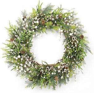 VioletEverGarden Artificial Christmas Wreath 22 Inch Christmas Wreaths for Front Door Large Winter Wreath with Pine Cones White Berries for Outdoor Indoor Holiday Xmas Celebration (White)