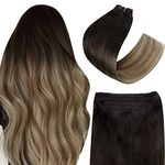 Easyouth Balayage Weft Hair Extensions Real Human Hair Double Weft Extensions Ombre Black to Medium Brown and Honey Blonde Sew in Extensions 70g 14 Inch