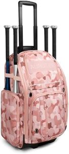 Rolling Softball Bag with Wheels, Large All-Terrain Wheeled Baseball Bag Holds 4 Bats, Water-Resistant Baseball Roller Backpack with Shoe Compartment and Fence Hooks for Players and Coaches, Pink Camo