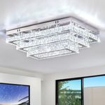 Finktonglan Modern Crystal LED Ceiling Light Fixture 20” Rectangular Flush Mount Chandelier Ceiling Lights 3-Tiers Stainless Steel Ceiling Lamp Fixtures for Living Room Dining Room(6500K Cool White)