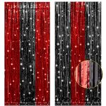 PIGETALE 2 Pack 3.2Ft x 8.2Ft Black Red Tinsel Foil Fringe Curtains Streamers Backdrop, Metallic Tinsel Shimmer Curtains for Photo Booth Wedding Casino Pirate Game Night Birthday Party Decorations