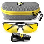 BLUPOND HD Night Vision Driving Glasses - Clear View Semi-Polarized Anti Glare Yellow Lens - Unbreakable Metal Frame with Car Clip Holder - Knight Visor (Brown Frame)