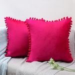 ORANIFUL Velvet Cushion Cover 60cm x 60cm Set of 2 Square Pillowcase with Pom Poms Decorative Throw Euro Pillow Cases for Sofa Couch Bed Home Decor Car 24x24 Inches Hot Pink