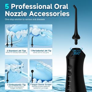 RUMFFLYE Cordless Water Flosser – 3 Modes, 12 Pressure Levels, 5 Tips, 300ML, Black