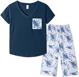 YIJIU Womens Floral Print Pajama Set Short Sleeve Shirt with Capri Lounge Pant Sets Fashion Comfy PJ Loungewear,Navy Blue,S