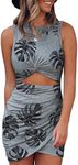 BTFBM Women 2024 Summer Sleeveless Casual Crewneck Bodycon Tank Dress Cutout Twist Slim Wrap Club Party Evening Dresses(Leaf Print Grey, X-Large)