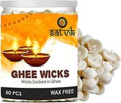 SATVIK 50 Pc Pure Ghee Wicks for Puja (Upto 30 Mins) Pooja Home and Mandir. Nitya Pujan Readymade Ghee Jyot Jyoti Pujan Indian Housewarming Return Gift Items Accessories. Diwali Cotton Wicks