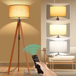 TONGLIN Floor Lamp Solid Wooden Tripod, Standing Lamp with Remote Control, Dimmable 3 Color Temperatures, Modern Design Lamps for Living Room, Bedroom, Office, Flaxen Lamp Shade with E27 Lamp Base