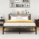 HOMERECOMMEND King Size bed frame With Wood Storage Headboard No Box Spring Needed,Steel Slats Mattress Foundation Square Pipe Design Noise Free Black King