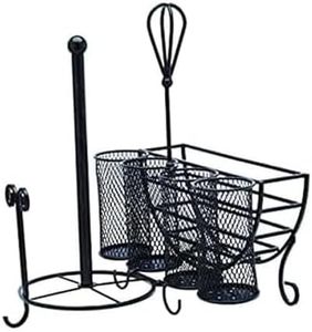 Mikasa Gourmet Basics Avilla Picnic Caddy, Antique Black Finish, Paper Plate Organizer with Flatware Canisters and Paper Towel Spindle, 15 x 14 x 13 in