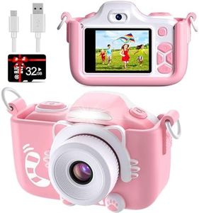 BlueFire Kids Camera 16MP HD Digital Camera for Kids, Mini 2 Inch Screen Front and Rear Selfie Digital Camera with Cartoon Silicone Cover & 32GB SD Card, Camera Toys for 4-9 Year Old Kids(Pink)