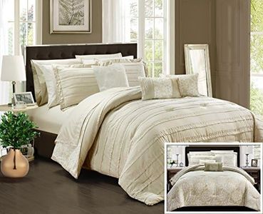 Chic Home 10 Piece Lea Complete Pleated Ruffles and Reversible Printed Bed in a Bag Comforter Set of Sheets Included, Queen, Beige