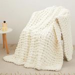 Mooreeke Chunky Knit Blanket 40"x50" White Cream Soft Washable Chenille Throw Blanket Cozy 100% Handmade Crochet Blankets with Jumbo Chenille Yarn for Couch Bed Sofa Room Decor