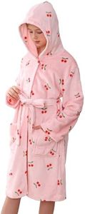 V.&GRIN Girls Fleece Hooded Robe, Kids Soft Plush Warm Printed Bathrobe Sleepwear Gifts for 5-14 Years(Pink Cherry7-8)