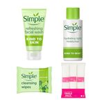 Simple Skin Hydration Face Wash, Simple Skin Cleansing Wipes, Simple Skin Hydrating Light Moisturiser & 300 Cotton Pads Bundle 4 Piece, Simple Kind to Skin Bundle.