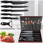 Raawan 6 Pcs Kitchen Knife Set with Peeler|High Carbon Stainless Steel Black Colour Coated Chef Knife|Utility Knife | Non-Slip Grip Handle| Meat Knife|Paring Knife|Sontuku Knife | Bread Knife