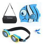Kids Swimming Combo Set KIT Fish Shape Cap with Premium Anti Fog Swimming Goggle, EARPLUGS Set & NOSEPLUG for Boys and Girls Junior Size with Duffle Carry Multi Purpose KIT Bag (Blue Cap)