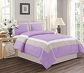 4 Piece Queen Size Lilac Purple / White / Grey Color Block Milan Goose Down Alternative Comforter Set 90" X 90" Bedding