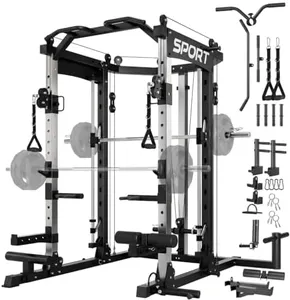 GarveeLife Smith Machine Home Gym, 2200LBS Squat Rack Power Cage, All in One Home Gym Workout Station with Smith Bar, LAT Pull-Down, Cable Crossover System and More Attachments