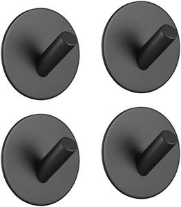 Adhesive Hooks, Hgery 3M Self Adhesive Black Wall Mount Hook for Key Robe Coat Towel, Super Strong Heavy Duty Stainless Steel Hooks, No Drill No Screw, Waterproof, for Kitchen Bathroom Toilet, 4 Pack